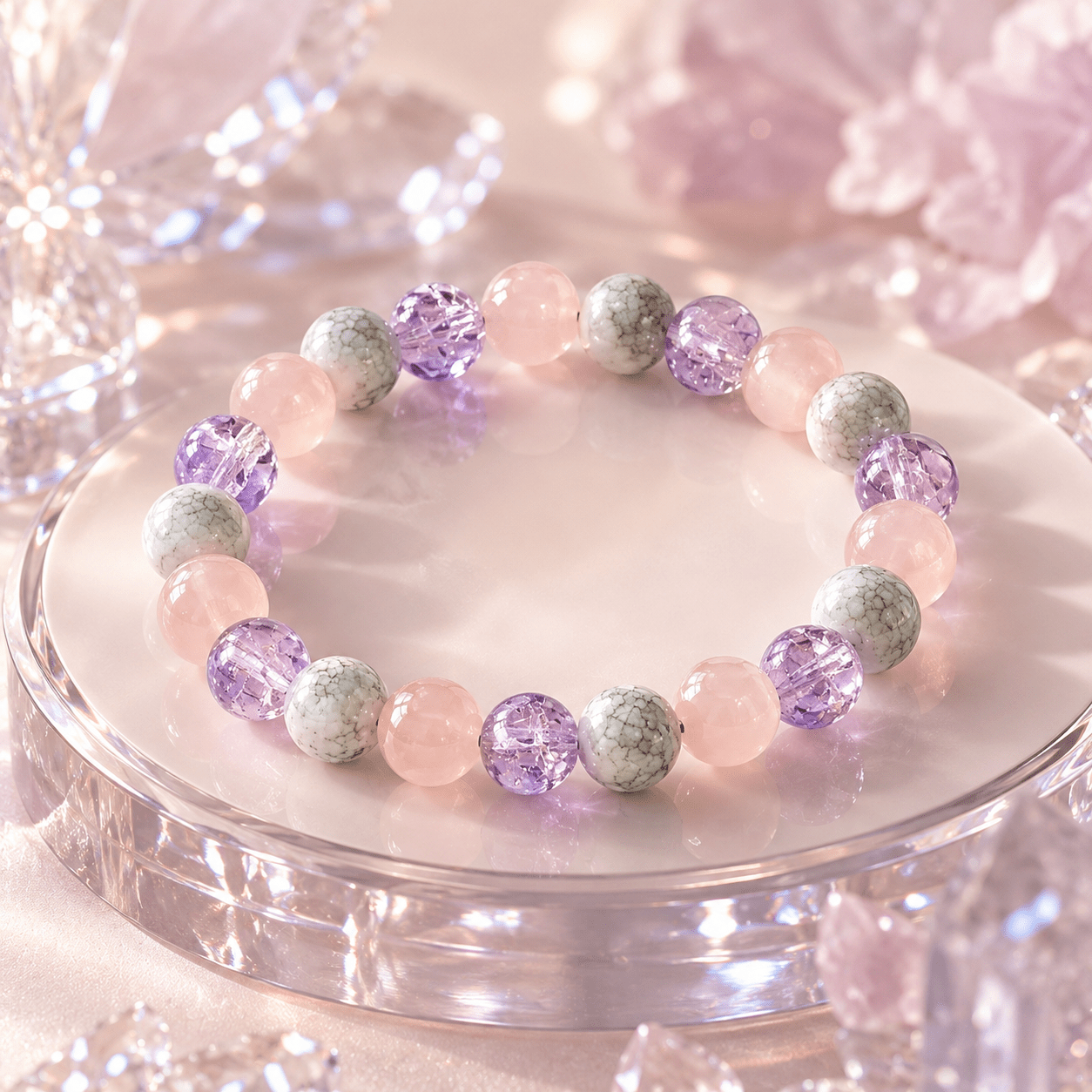 Lucky Bead Bracelet, Purple Flower & Pink Agate Design
